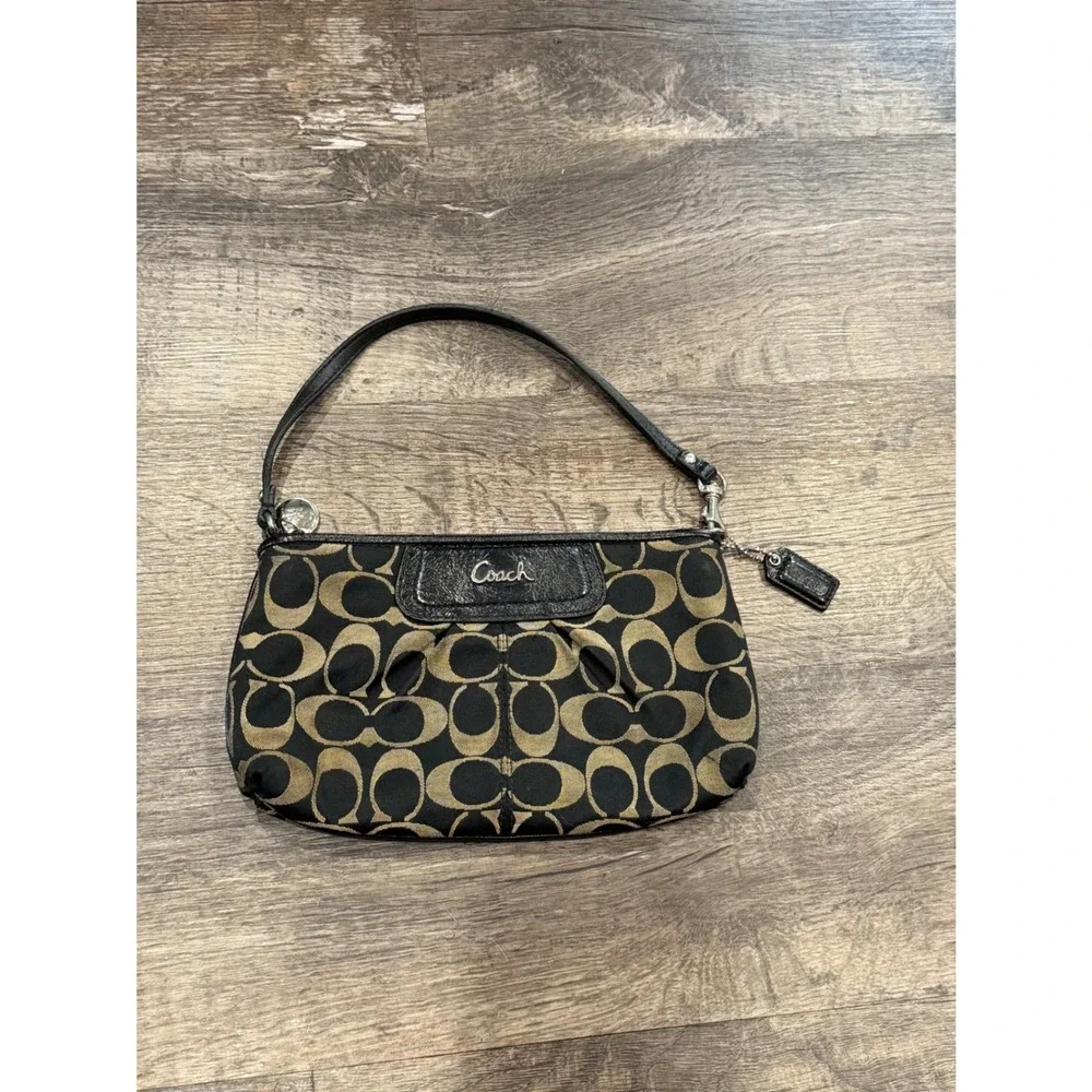 Coach Signature Jacquard Wristlet Black Gold Monogram Small Bag Handbag - Picture 1 of 6